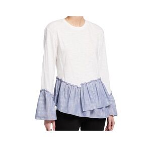 Cinq a Sept Kenny Top White Blue Chambray Ruffle Peplum Long Sleeve Top